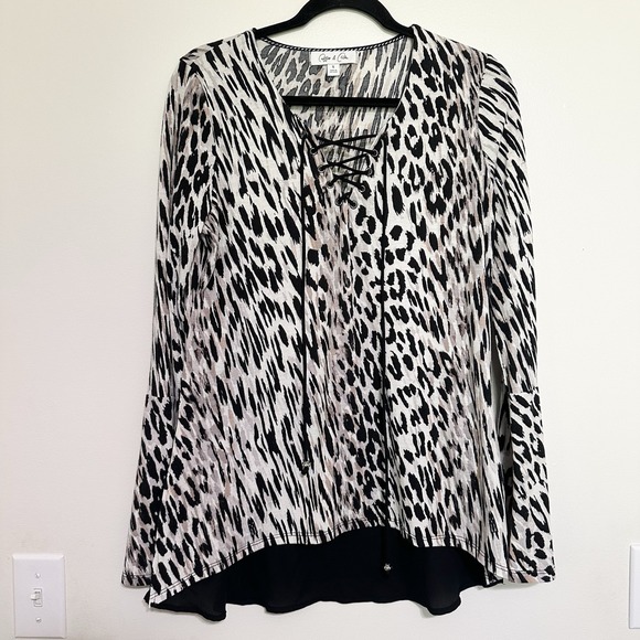 Tops - Coffee & Cake Blouse Womens Size S Animal Print Lace-Up Sheer Back Mob‎ Wife